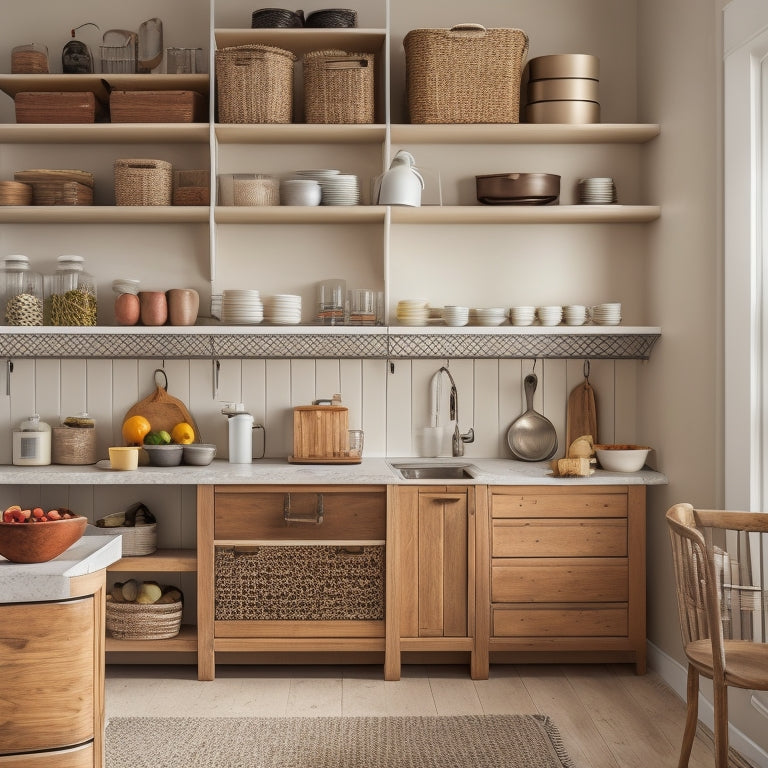 A clutter-free kitchen with a compact island, tiered spice racks, and a pegboard displaying utensils, surrounded by minimalist cabinets and a few strategically placed woven baskets.