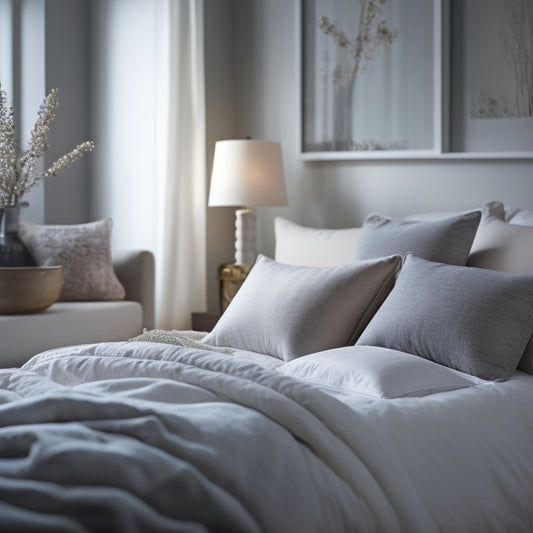 A serene, well-lit bedroom with a neatly made bed, featuring a stack of crisp, folded sheets in the corner, surrounded by a few decorative pillows and a calm, minimalist background.
