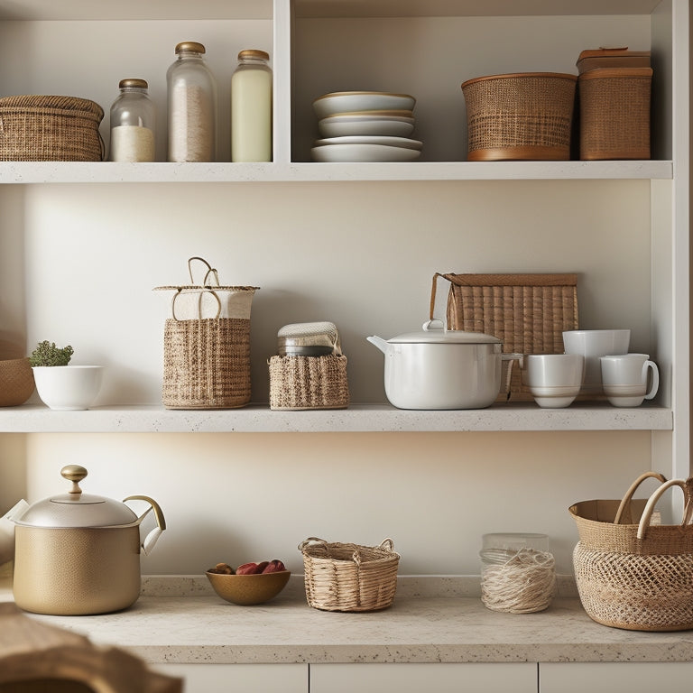 A serene, minimalist kitchen cabinet interior with soft, warm lighting, featuring neatly arranged cookbooks, utensils, and dinnerware on adjustable shelves and in woven baskets, surrounded by empty space.