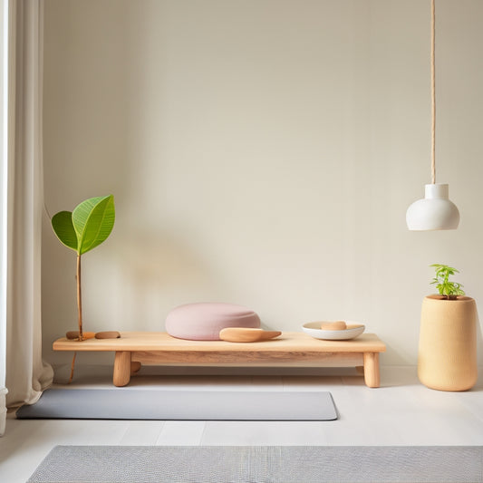 A serene, minimalist room with a few carefully placed wellness objects: a meditation cushion, a small potted plant, and a yoga mat, surrounded by empty, natural wood shelves and a calm, creamy background.