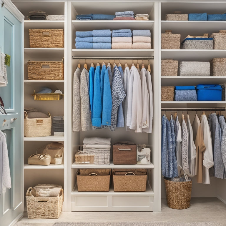 A tidy closet with a mix of open shelves and closed cabinets, showcasing a variety of storage containers, baskets, and hooks, with clothes and accessories organized by type and color.