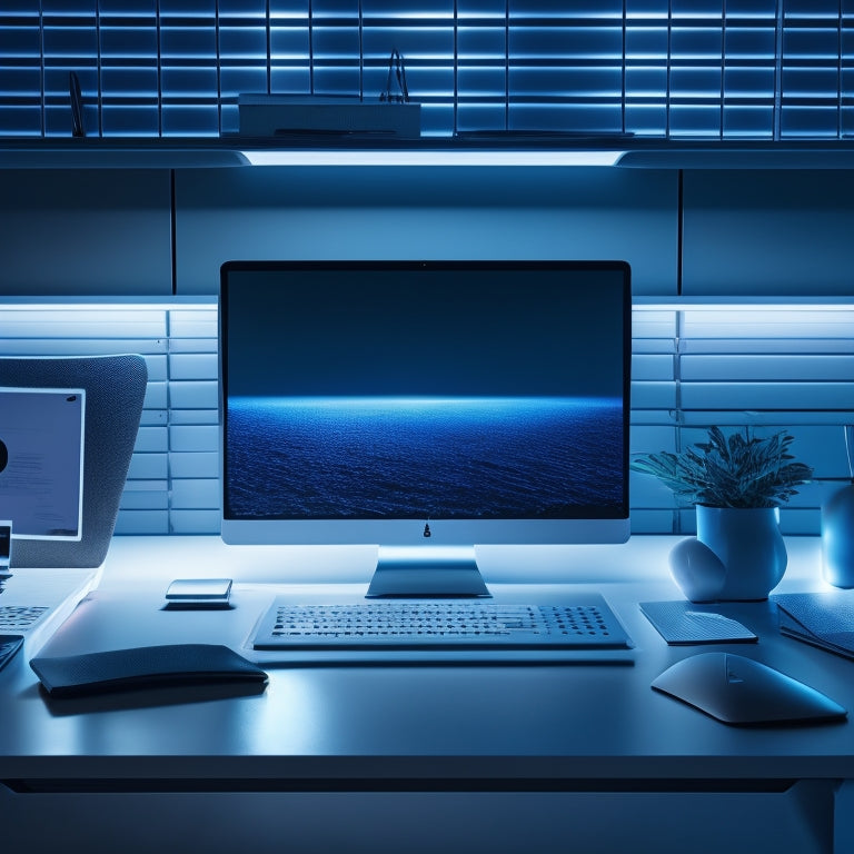 A futuristic, minimalist desk with a sleek, silver laptop and a few, neatly organized folders, surrounded by a subtle, glowing blue grid, symbolizing efficient file management.