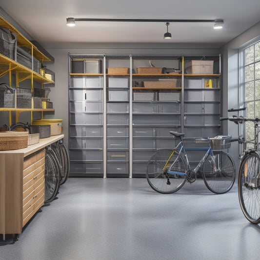 A well-organized garage with a sleek, gray epoxy-coated floor, surrounded by wooden cabinets and metal shelving units, featuring a few bicycles and storage bins, with warm lighting and a sense of calmness.