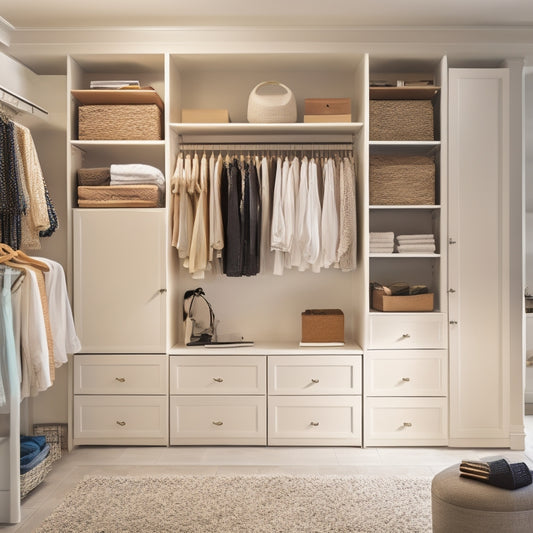 A serene, well-lit bedroom with a sleek, white closet organizer system featuring adjustable shelves, double rods, and a built-in shoe rack, surrounded by neatly arranged clothes and accessories.