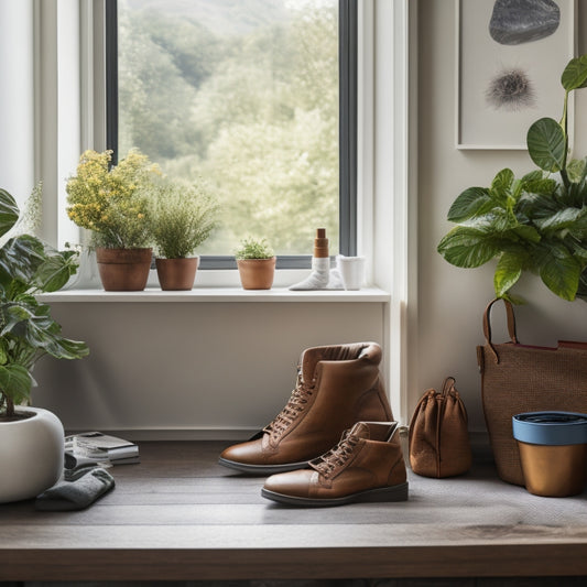 A tidy, organized home office with a laptop open to a decluttering app, a pair of sneakers and a travel bag in the corner, surrounded by calm, natural elements like plants and a vase with fresh flowers.