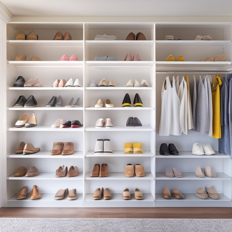 A minimalist, modern closet with sleek shelves and drawers, showcasing 10-12 pairs of stylish shoes organized by color and type, with a few floating shelves and a floor-to-ceiling shoe rack.