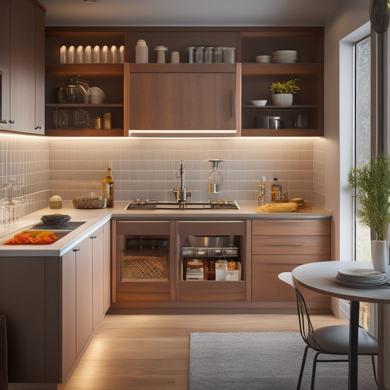 An L-shaped kitchen with a diagonal corner drawer, a pull-out spice rack, and a mounted utensil organizer, surrounded by warm lighting and sleek, modern cabinetry.