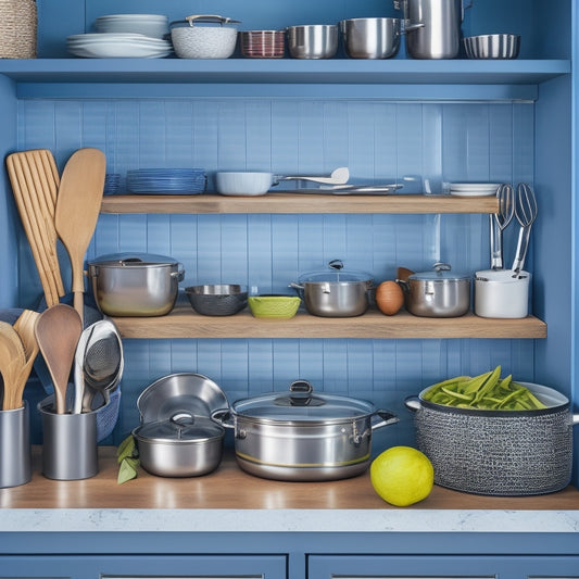 A cluttered kitchen cabinet with jumbled utensils, pots, and pans overflowing onto the countertop, contrasted with a tidy, organized cabinet featuring neatly arranged cookware and utensils in custom-fit drawer dividers.