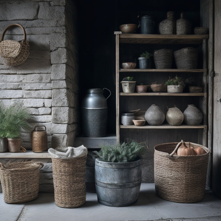 A cozy farmhouse interior with wooden crates, galvanized tubs, and woven baskets filled with vintage farm tools, lanterns, and potted greenery, set against a distressed stone wall and reclaimed wood shelves.