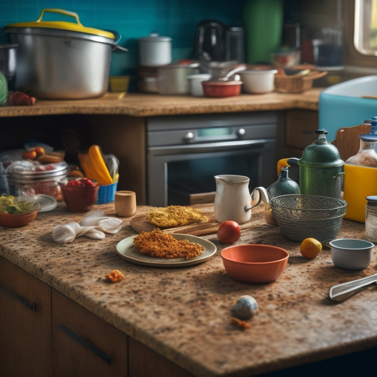 A cluttered kitchen countertop with piles of dirty dishes, scattered cooking utensils, and expired food items, surrounded by crumbs and spills, with a messy kitchen sink and a blurred-out background.