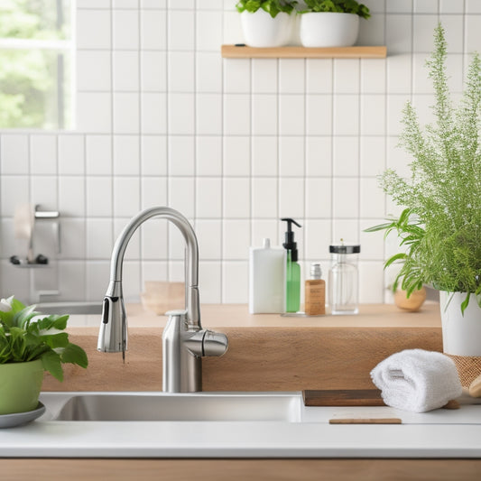 A serene kitchen countertop with a stainless steel sink, surrounded by a few thoughtfully arranged soap dispensers, a small potted herb, and a wooden utensil holder, against a calm white background.