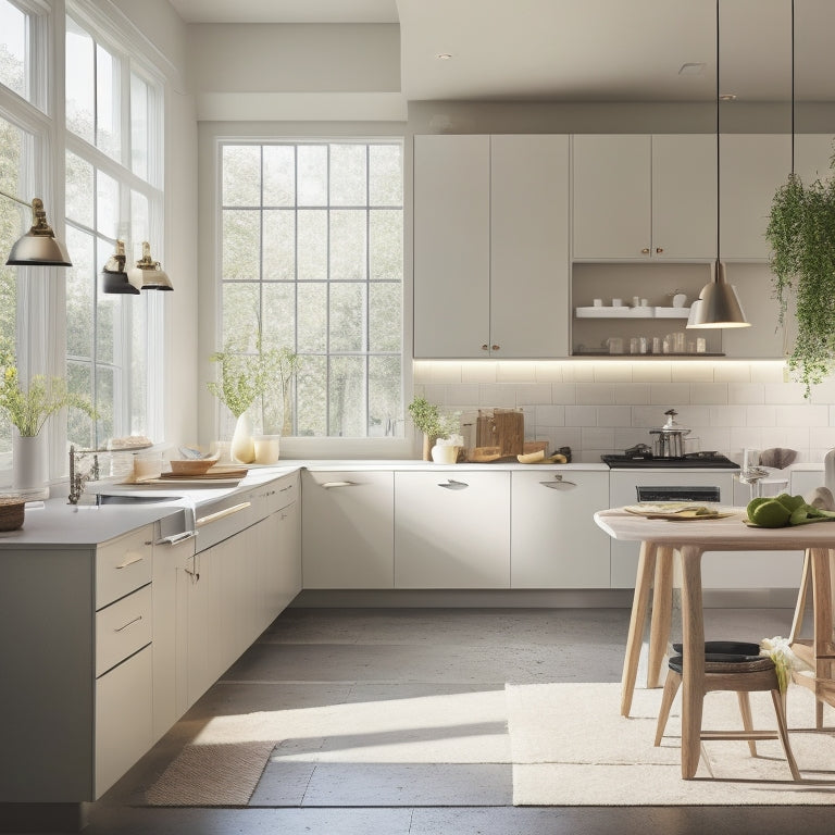A serene, modern kitchen with sleek, handle-less cabinets, a minimalist island, and a few, carefully-placed, stylish decorative items, flooded with natural light pouring in through a large window.