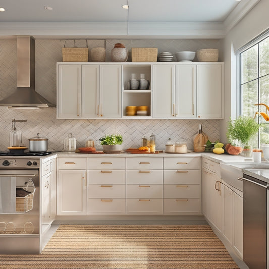 A bright, modern kitchen with sleek countertops and a neutral color scheme, featuring several vertical baskets in various sizes, filled with kitchen essentials, against a clean white backsplash.