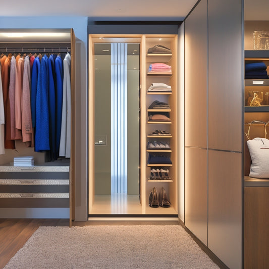A modern, sleek walk-in closet with a large, wall-mounted digital display showcasing a 3D rendering of the space, surrounded by designer clothing and shoes, with a laptop and tablet nearby.