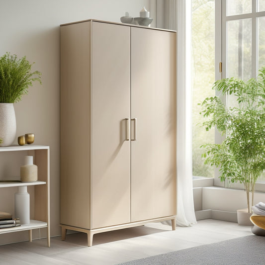 A modern, minimalist room with a sleek Alba corner base cabinet in a neutral tone, surrounded by a few carefully placed decorative items and a large window with natural light pouring in.