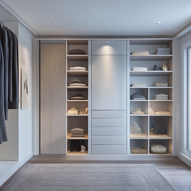 A sleek, minimalist closet with floor-to-ceiling sliding glass doors, LED-lit shelves, and a centralized island with a built-in dresser, set against a calming gray and white color scheme.