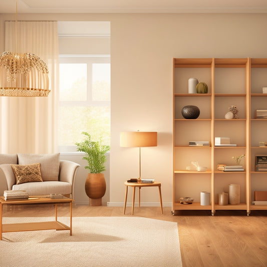 A cozy, minimalist living room with a small, L-shaped custom shelving unit in a natural wood tone, featuring staggered shelves of varying depths and heights, amidst a backdrop of soft, creamy walls and warm, golden lighting.