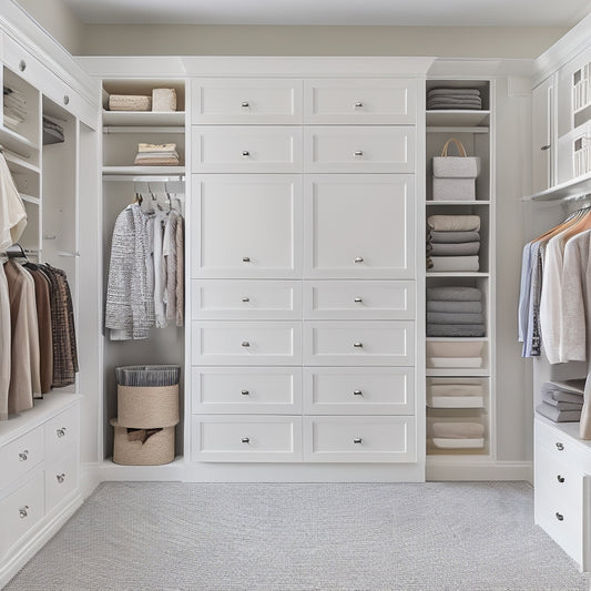 A serene, well-lit walk-in closet with cream-colored walls, featuring a customized organizer system with sleek, white shelves, drawers, and rods, and a plush, gray area rug.