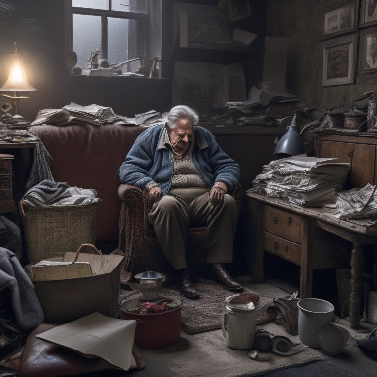 An elderly person, surrounded by clutter, sitting in a worn armchair, with stacks of old newspapers, broken appliances, and dusty trinkets, amidst a dimly lit, cramped living room with worn-out carpet.