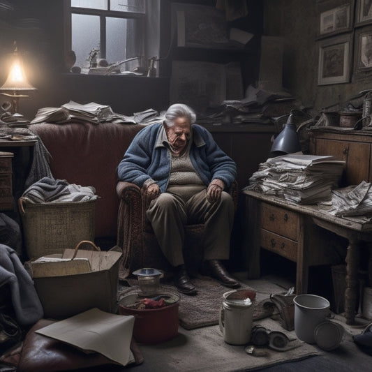 An elderly person, surrounded by clutter, sitting in a worn armchair, with stacks of old newspapers, broken appliances, and dusty trinkets, amidst a dimly lit, cramped living room with worn-out carpet.