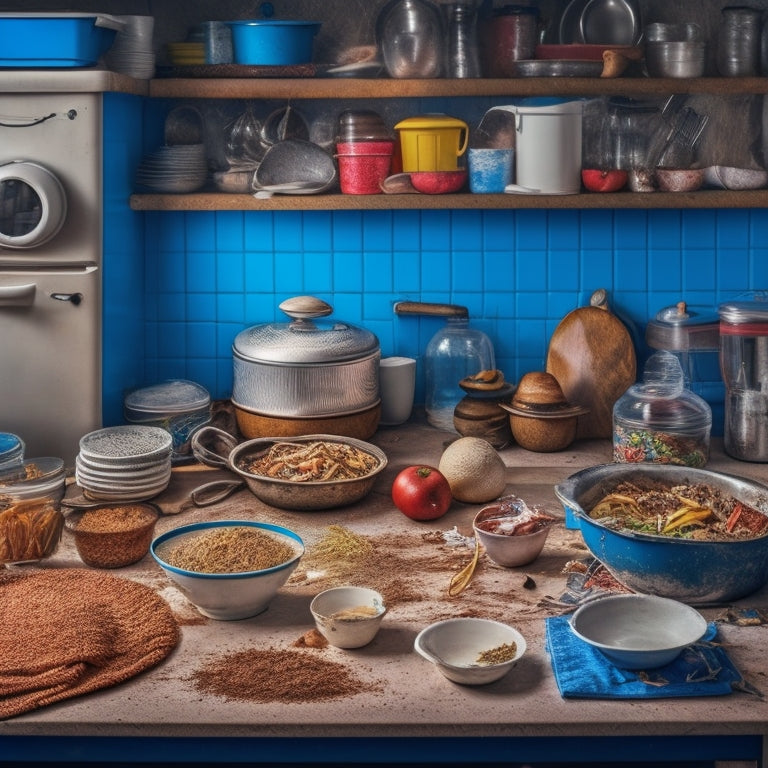 Generate an image of a cluttered kitchen with piles of dirty dishes, utensils tangled in a mess of cords, expired food containers stacked haphazardly, and a toaster covered in crumbs and dust.