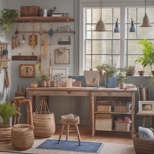 A clutter-free, well-lit workspace with various DIY materials like paints, stencils, and fabric scraps, surrounded by half-finished decorative items like vases, frames, and macrame plant holders.