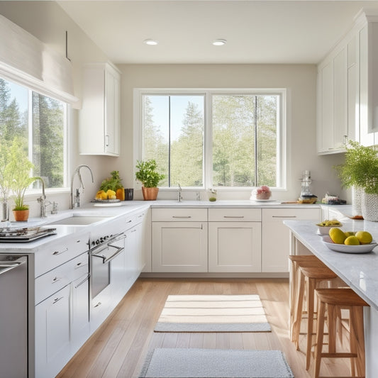 A bright, modern kitchen with sleek white cabinets, chrome accents, and a large window letting in natural light, featuring a compact island with built-in storage and a wall-mounted pot rack.