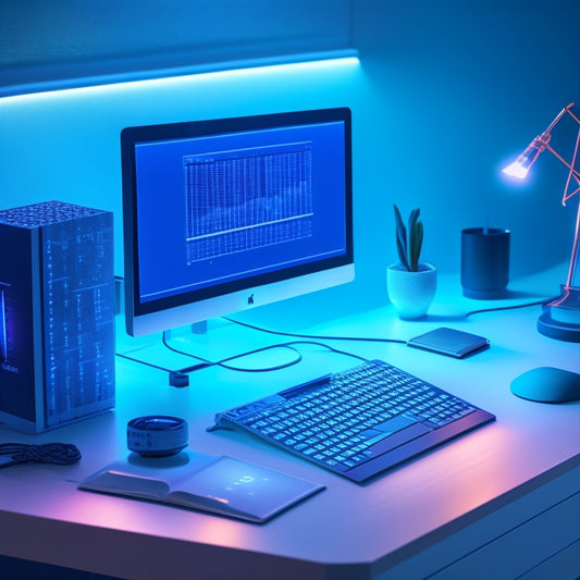 A futuristic, minimalist desk with a sleek laptop and a few scattered, colorful password cards, surrounded by a subtle grid of interconnected nodes and glowing blue lines, symbolizing digital security.