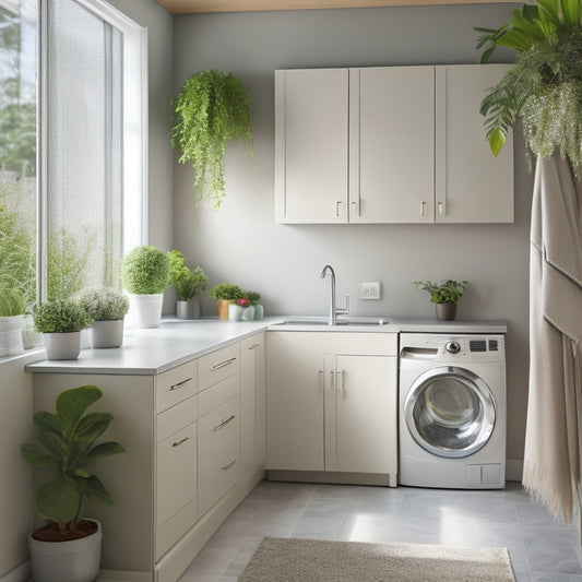 A bright, modern laundry room with sleek cabinets, a built-in ironing board, and a hanging rod above a stainless steel countertop, surrounded by soft, natural light and a few potted plants.