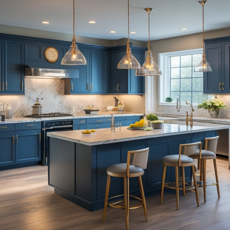 A modern kitchen with a large, L-shaped island featuring built-in banquet seating with tufted upholstery, surrounded by sleek cabinets, pendant lights, and a polished stone countertop.