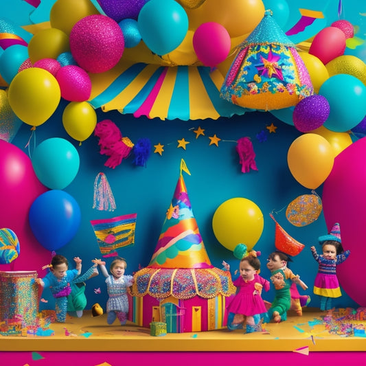 A colorful illustration of a vibrant, whimsical carnival scene with balloons, confetti, and streamers, featuring happy kids playing with toys, and a subtle hint of a sale tag in the corner.