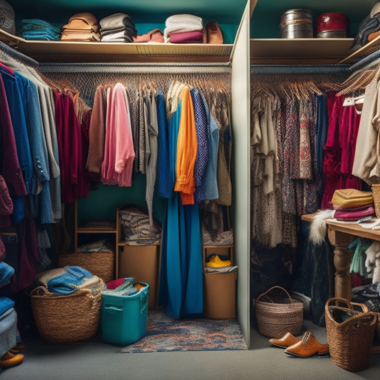 A cluttered, irregularly-shaped closet with a mixture of hanging rods, shelves, and baskets in disarray, surrounded by discarded clothes, shoes, and accessories, with a few items spilling out onto the floor.