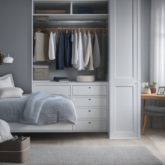 A serene, minimalist bedroom with a neatly made bed, a few decorative items on a clutter-free nightstand, and a partially open closet door revealing organized clothes and storage bins.