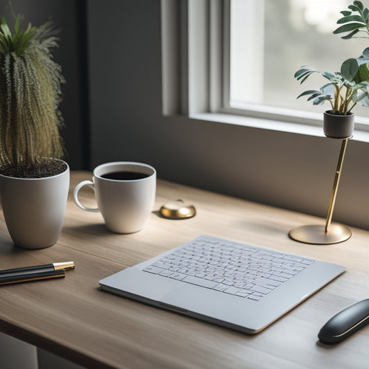 A serene, minimalist desk with a few, carefully chosen objects: a planner, a pen, a small potted plant, and a laptop with an organized digital calendar on the screen.