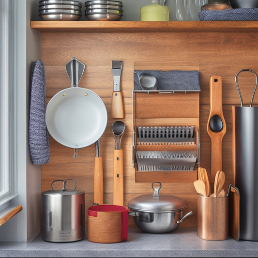 A tidy kitchen corner with a sleek, wall-mounted utensil organizer in a stainless steel or wooden finish, holding a variety of cooking tools and gadgets in neat, labeled compartments.