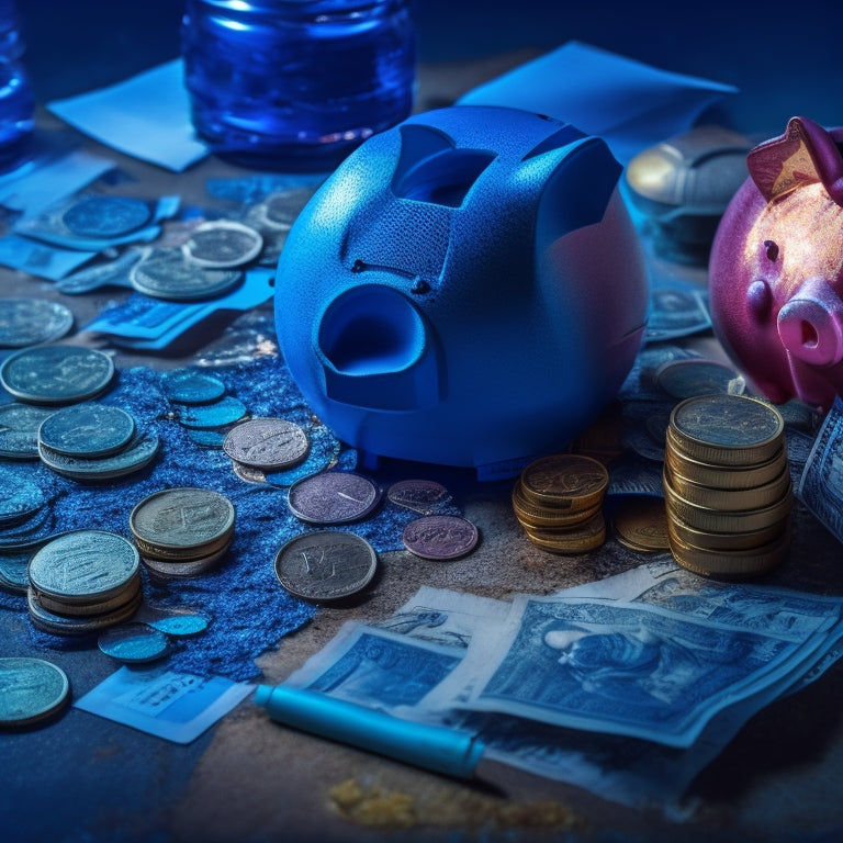 A shattered piggy bank with coins and bills overflowing from the broken pieces, surrounded by a messy background of torn financial documents and scattered calculators, set against a dark blue background.
