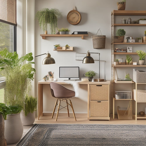 A serene, well-lit home office with a custom-built shelving unit, baskets, and labeled bins, showcasing a clutter-free desk, a tidy bookcase, and a few potted plants on a minimalist wooden shelf.