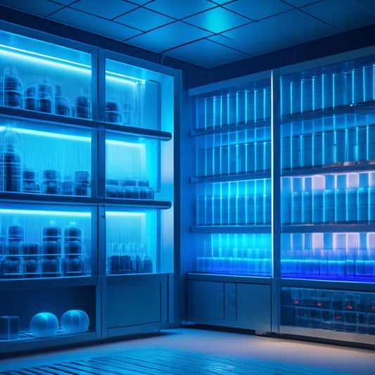 A futuristic laboratory setting with sleek metallic shelves, glowing blue LED lights, and rows of transparent cylindrical containers holding levitating data storage orbs, surrounded by holographic projections.