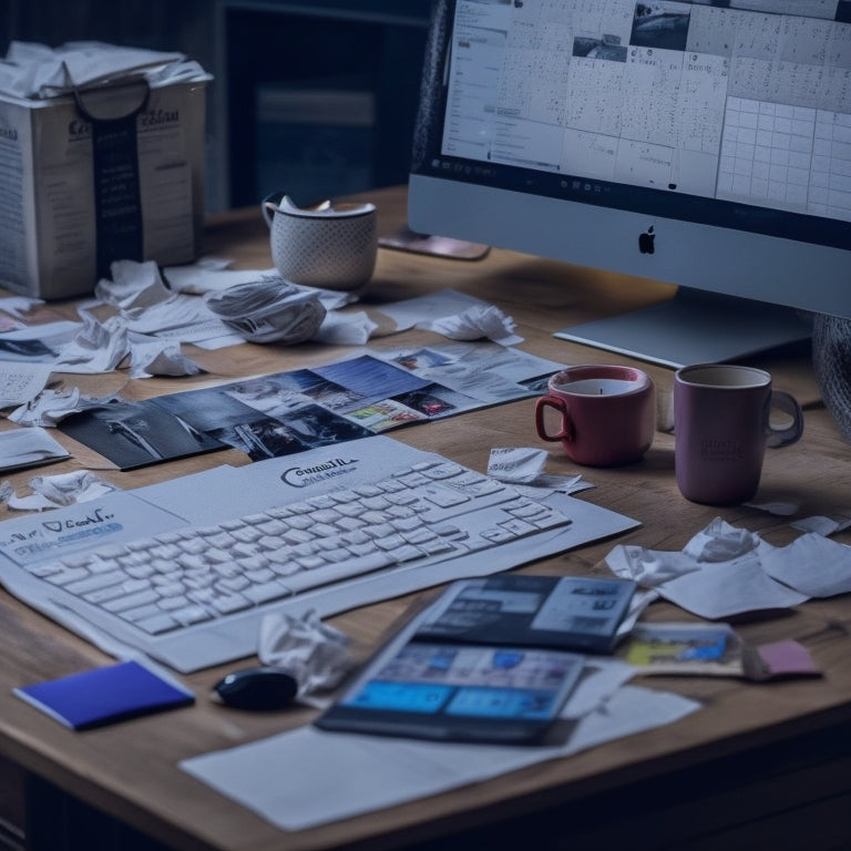 A messy desktop with multiple overlapping digital calendars, crumpled paper calendars, and torn sticky notes in the background, with a laptop screen displaying a crowded digital schedule.