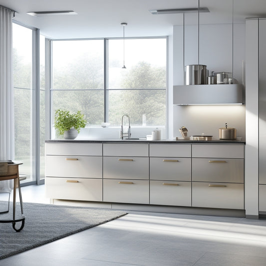 A minimalist, modern kitchen with a sleek, silver cart featuring three pull-out drawers in graduated sizes, surrounded by gleaming countertops and a subtle, warm lighting ambiance.
