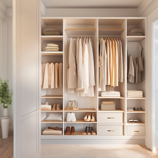 A serene, minimalist closet with soft, warm lighting, featuring a compact, floor-to-ceiling shelving unit, double rods, and a few carefully curated garments, shoes, and accessories, in a soothing white and beige color scheme.