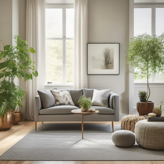 A serene, minimalist living room with a few, carefully-placed decor pieces, a sleek, low-profile storage ottoman, and a small, potted plant on a wooden side table, bathed in warm, natural light.