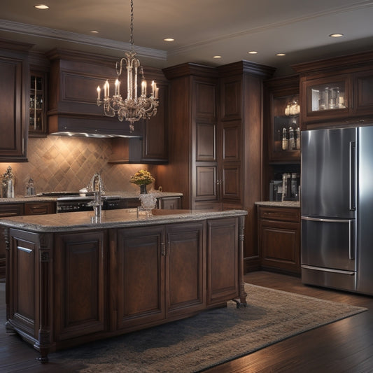 A warm, elegantly lit space with rich wood tones, crystal chandelier, and sleek countertops, featuring a built-in coffee machine, wine fridge, and decorative cabinetry.