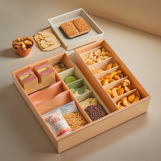 A tidy snack drawer with 5-7 compartments, each containing a different type of snack (e.g., crackers, chips, nuts), with clean lines, a soft beige background, and subtle shadows.