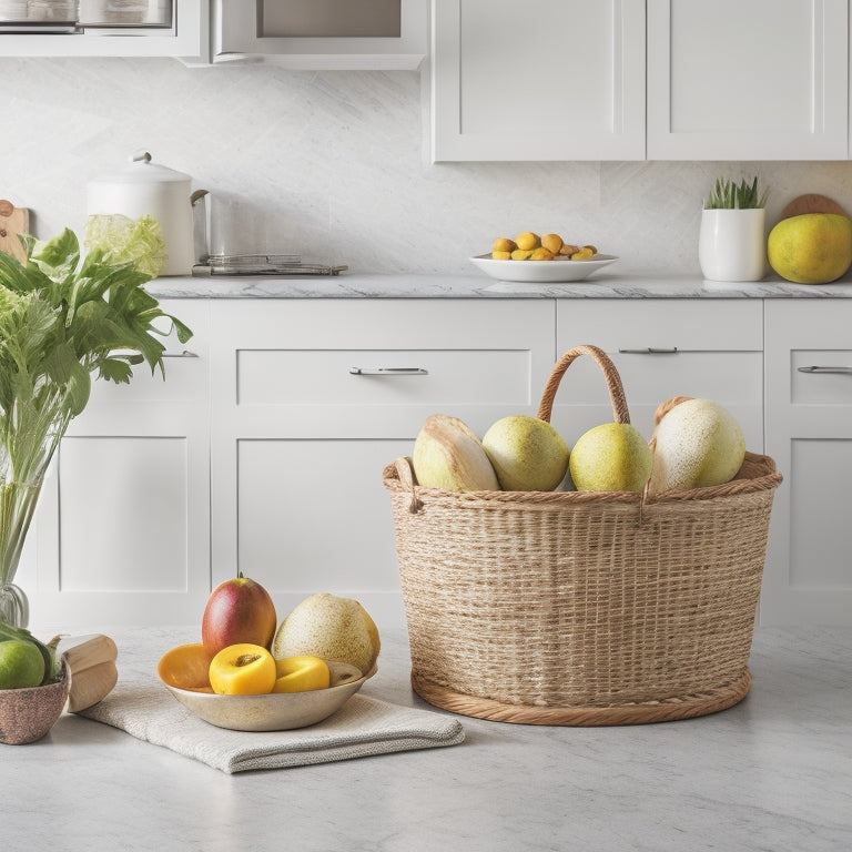 A tidy kitchen counter with a wooden utensil organizer, a marble pastry board, a stainless steel canister set, and a woven basket holding fresh fruit, surrounded by white cabinets and a white backsplash.