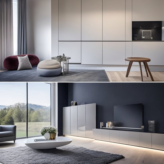 A modern, sleek, and minimalist living room with a wall of floor-to-ceiling, sliding, mirrored cabinets, and a hidden, pop-up desk with a built-in wireless charging pad.