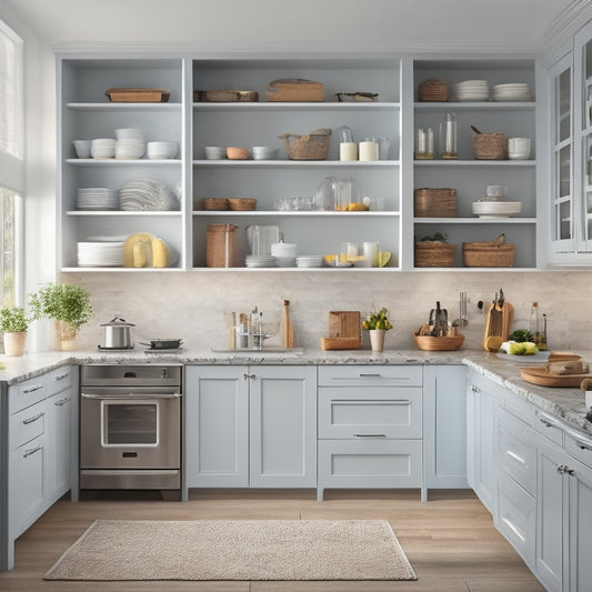 A bright, modern kitchen with cabinets of varying heights, adorned with sleek silver handles, showcasing a mix of open shelves, baskets, and pull-out drawers, with utensils and cookware neatly organized.