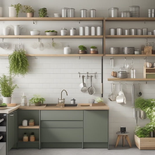 A tidy, small kitchen with a minimalist aesthetic, featuring a compact island with built-in spice racks, a pegboard for hanging utensils, and a tiered countertop with labeled canisters and a small herb garden.