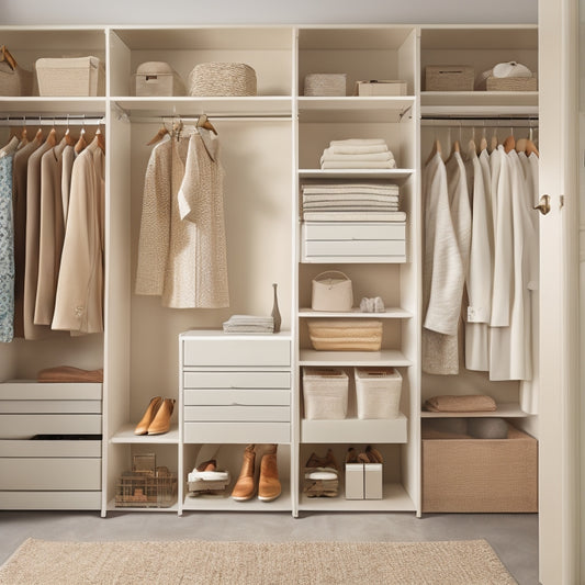 An organized closet with a neutral beige background, featuring a mix of hanging clothes and storage bins, with a few stylish shoes and accessories on shelves, and a few empty spaces to convey a sense of calm and control.