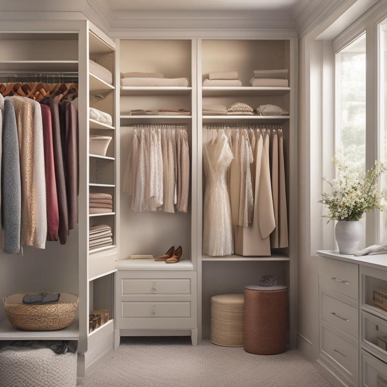 A serene, well-lit closet interior with custom shelving, a velvet-covered ottoman, and a few stylish garments on display, surrounded by calming beige and cream hues.